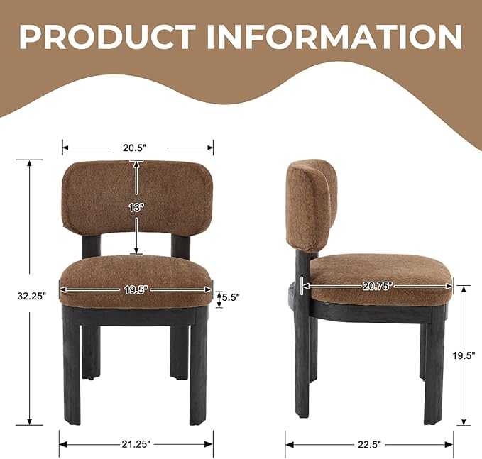 Modern Brown Upholstered Dining Chairs Set of 6 Wooden Side Chairs with Curved Backrest and Black Legs for Kitchen Island, Dining Room
