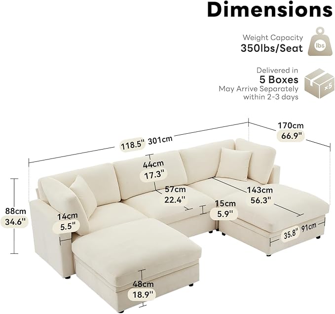 Tbfit Modern Sectional Sofa with Storage, Comfy Cloud Modular Couch with Down-Filled Cushions, Sofa for Home, Living Room, Beige