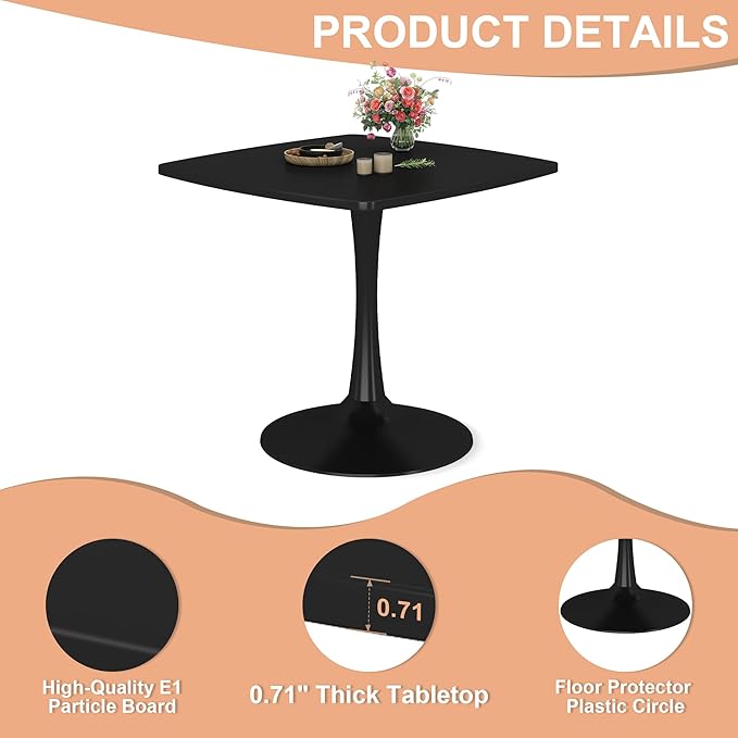 Recaceik Square Dining Table for 2-4 Person, 32 Inches Tulip Kitchen Table with Pedestal Base for Kitchen & Dining Room, Mid-Century Modern in Tulip w/0.71" Thickened Desktop, Black