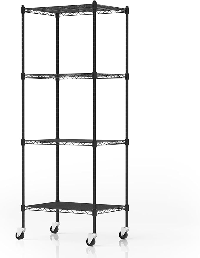 4 Tier Storage Shelves with Wheels, Heavy Duty Metal Garage Shelving Unit and Adjustable Feet, 865lb High Capacity Rolling Storage Shelf for Kitchen, Office, Dining Room (23.6"x 17.7"x 59"), Black