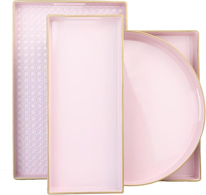 Pink Round Decorative Tray with Handles, 13" Elegant Coffee Table Serving Tray for Ottoman Living Room, Bathroom, Outdoors, Breakfast