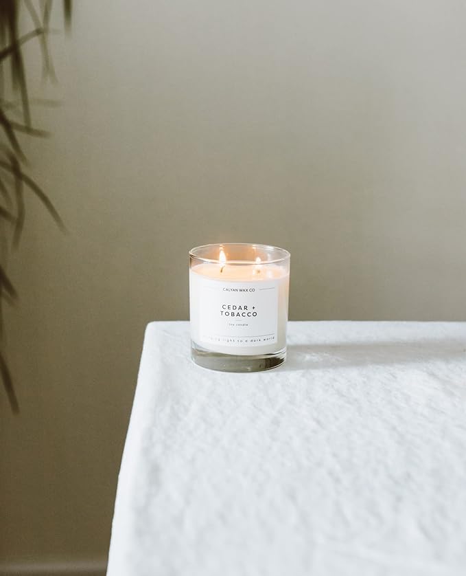 Calyan Wax Co. Cedar & Tobacco 2 Wick Scented Candle - 37 Hour Burn - Luxury Non Toxic Soy Wax Candles - Long Lasting Large Glass Jar Candle for Home - 8.8oz
