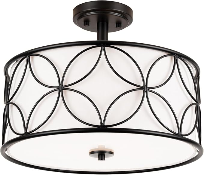 3-Light Semi Flush Mount Ceiling Light, 16" Drum Light with Fabric Shade, Modern Close to Ceiling Lamp for Living Room Bedroom Dining Room Kitchen Hallway Entry Foyer (Black)