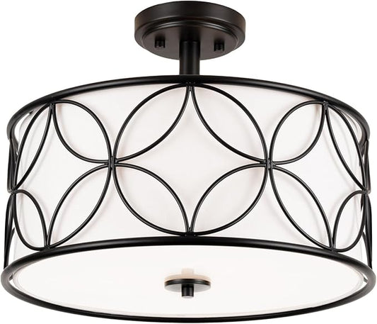 3-Light Semi Flush Mount Ceiling Light, 16" Drum Light with Fabric Shade, Modern Close to Ceiling Lamp for Living Room Bedroom Dining Room Kitchen Hallway Entry Foyer (Black)