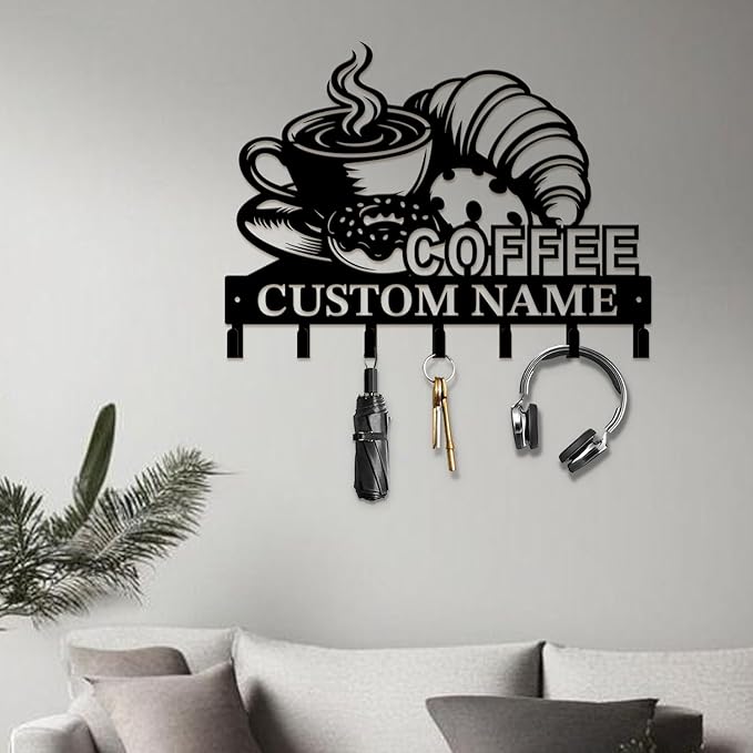 Coffee Bar Keys Holder - Metal Iron Wall Hooks with Custom Name | Personalized Home Decor & Gift Idea | Coffee-Themed Text Engraving Design (Style G)