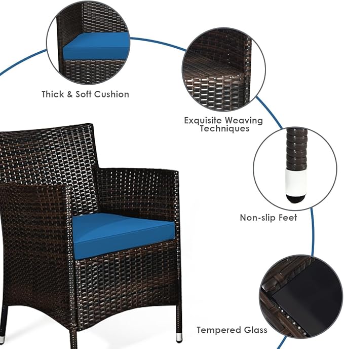 Goplus 4-Piece Rattan Patio Set, Outdoor/Indoor Wicker Conversation Set for Pool, Backyard, Lawn, Wicker Chairs and Sofa with Soft Cushion, Rattan Furniture with Tempered Glass Coffee Table