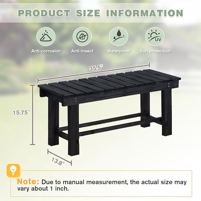 Outdoor Garden Bench, 2-Person Wood Patio Bench Weatherproof Outdoor Backless Bench, Anti-Corrosion and Anti-Rust Garden Benches for Garden Lawn Porch Park Backyard (Black,35.5''/90cm)