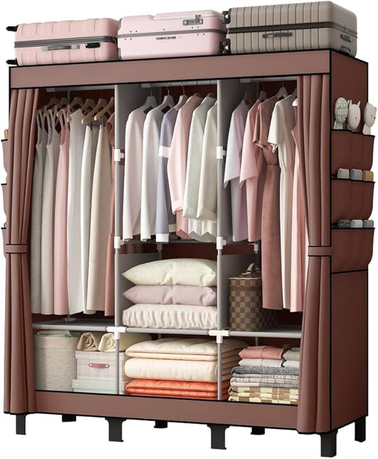 Portable Closet, Clothes Storage Box, Simple Wardrobe for Hanging Clothes, Multiple Shelves and 3 booms,6 Side Pockets (Grey) (Coffee, Large)
