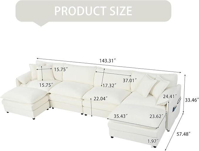 143.31" Oversized Extra Deep Seat Modern Chenille Cloud Couch, Large 4 Seater U Shaped Modular Sofa for Living Room,Bedroom,Apartment,Office(White, 143.31 Inch-U Shape)