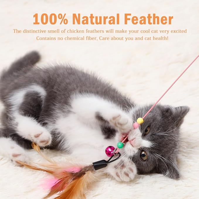 20 Pack Cat Feather Toy Wand, Interactive Pet Kitten Chaser Teaser Wire Wand with Bell Beads for Cat Exercise Play Fun Gifts - Wholesale
