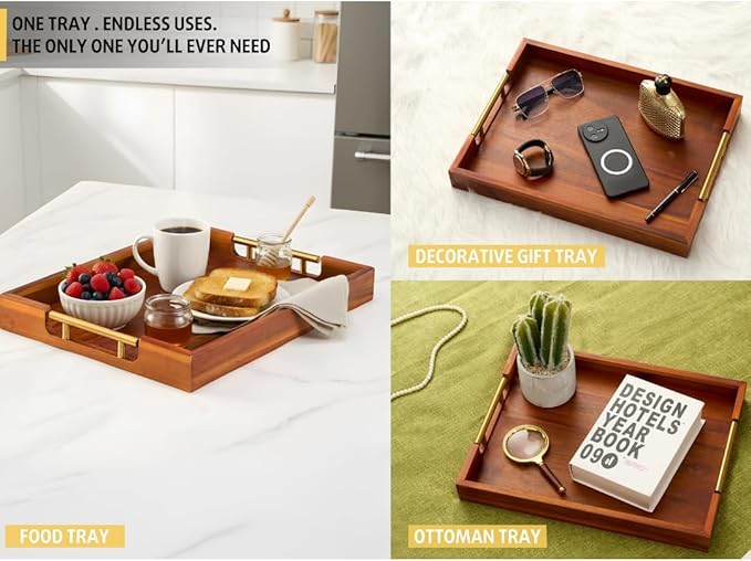 Premium Acacia Wood Ottoman Tray, 17x13 inches Large Serving Tray, Decorative Coffee Table Tray with Metal Handles, Ideal for Breakfast in Bed, Appetizers, Kitchen & Living Room Decor