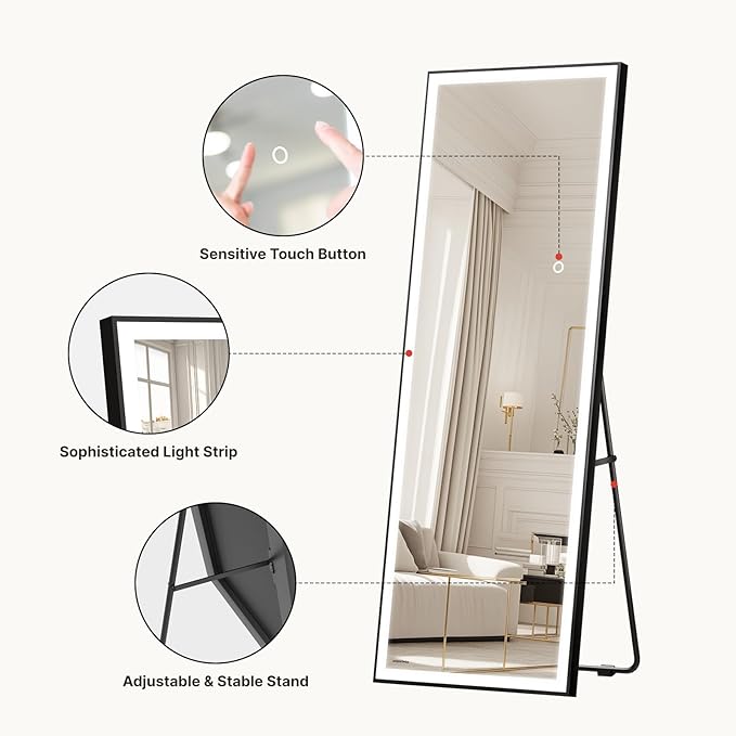 Kosmonia 71x28 Full Length Mirror, Dimmable 3 Color LED Light w/Light Memory, Distortion Free Silver Coating Mirror, HD Reflection &Anti Desilvering,Tempered Glass &Shatter Proof Film Doubles Safety