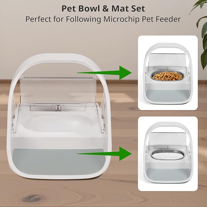 Stainless Steel Bowl for Automatic Microchip Cat Pet Feeder, Sealing Ring Design for Keeping Food Fresh and Reducing Odor, SUS 304, Easy to Clean, 2 Bowls & 1 Mat Set