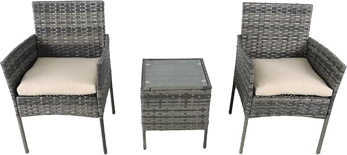 3 Pieces Patio Furniture Set, Outdoor Conversation Sets, Wicker Rattan Chairs for Garden Backyard Balcony Porch Poolside, Set with Glass Table and Soft Cushions (Brown+Beige)