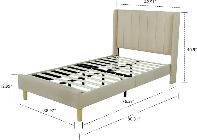 Low Profile Upholstered Platform Bed,Twin Beds with Beige(Linen)