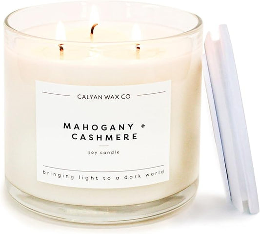 Calyan Wax Co. Mahogany & Cashmere 3 Wick Scented Candle - 43 Hour Burn - Luxury 3 Wick Soy Candles - Non Toxic Soy Wax Candles - Long Lasting Large Glass Jar Candle for Home - 14.9oz