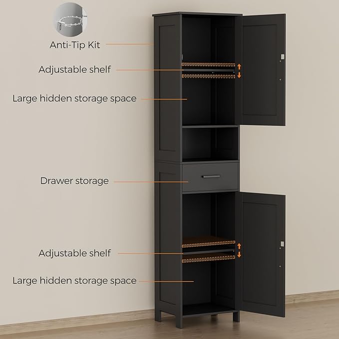 Homhedy 67" H Tall Bathroom Storage Cabinet with 2 Barn Doors and 1 Drawer, Narrow Storage Unit, Adjustable Shelves, Floor Cabinet for Bathroom, Living Room, Entryway, Kitchen, Black, (15.7" W)