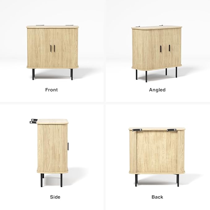 31''W Natural Buffet Sideboard Cabinet with Storage, Fluted Storage Cabinet with Curvy Edge; Sliding Door, Freestanding Accent Credenza, Console Table for Living Room, Kitchen, Hallway