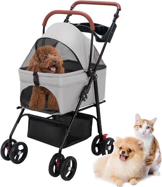 Pet Stroller,Pet Strolling Cart, 4 Wheels Dog Cat Stroller Travel Carrier with Storage Basket & Breathable Mesh Easy to Walk for Travel Shopping Walking Small/Medium Pet 1 Set