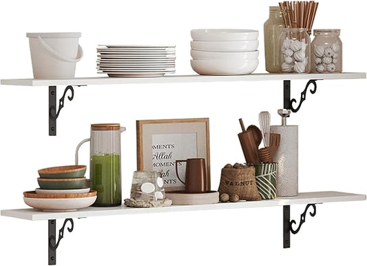 DINZI LVJ Long Wall Shelves, 23.6" Large Floating Shelves Set of 2, Farmhouse Display Shelf Wall Mounted with Heavy Duty Brackets, Easy Assembly for Kitchen, Bathroom, Bedroom, Balcony, White