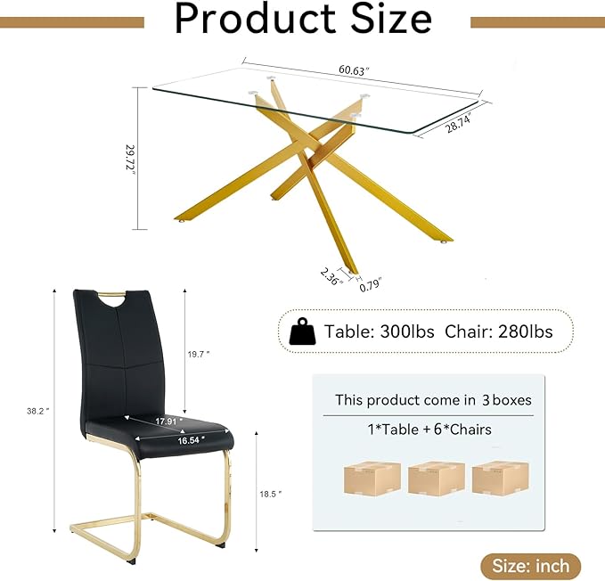 Modern Glass Dining Table Set for 6, Gold Glass Kitchen Table and Chairs Set of 6, 7 Piece Dining Room Table Set with 61" Rectangular Metal Glass Dinner Table and 6 Black Leather Dining Chairs