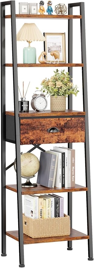 Furologee 5 Tier Ladder Shelf, Tall and Narrow Bookshelf with Drawer,Standing Bookcase Units, Industrial Open Display Shelves Organizer for Bathroom,Kitchen,Bedroom,Living Room,Rustic Brown