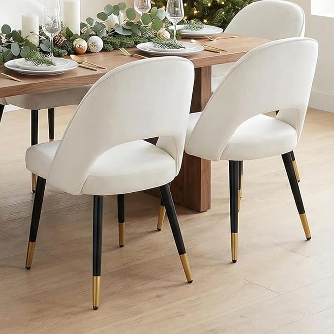LukeAlon Classic Velvet Dining Chairs Set of 2, Upholstered Open Back Kitchen Chair with Metal Legs Armless Side Chairs Mid Century Dinner Chairs for Dining Room, Beige