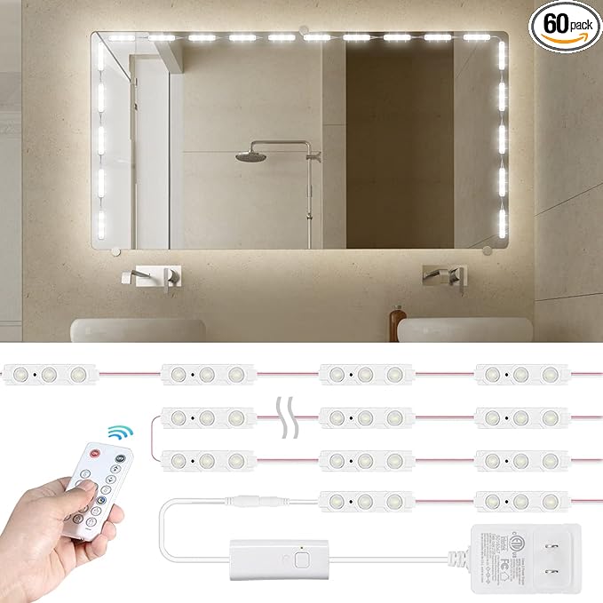 Kintion LED Vanity Mirror Light, Hollywood Style 60pcs Ultra Bright White LED, 9.8ft/3m Dimmable Strip Light, Bathroom Waterproof, Memory Function, Time Shutdown, Breath Mode (Mirror Not Include)