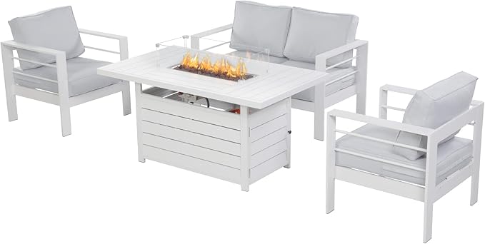 Wisteria Lane Aluminum Patio Furniture Set, 4 Piece Metal Outdoor Furniture Set with CSA Certified 54in Propane Gas Fire Pit Table, Patio Conversation Set with 5in Olefin Cover Cushions (White)