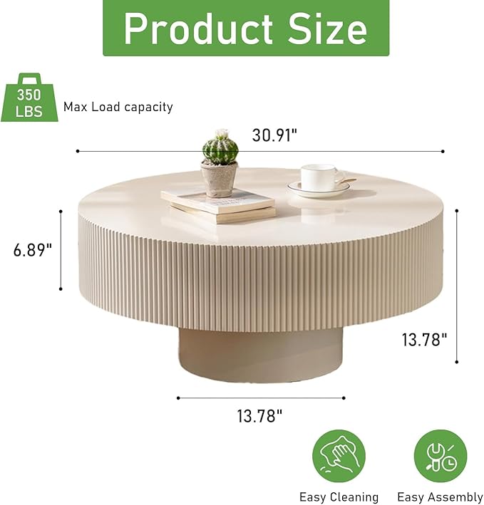 Round Coffee Table for Living Room, 30.91'' Modern Handcraft Drum Coffee Table Unique Fluted Coffee Tables Wood Center Table End Table for Small Space, Farmhouse Apartment Office (White Thickened)