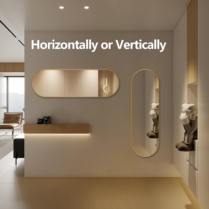 Oval Full Length Mirror, 60"×19" Wall-Mounted Mirror with Metal Frame, Ultra-Clear Explosion-Proof, Simple and Classic Deco for Cloakroom/Bedroom/Living Room, Gold