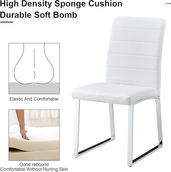 Modern Dining Chairs Set of 4, White Faux Leather Kitchen Chairs, Upholstered Armless Dining Room Chair with Gold Mental Legs Heavy Duty, Comfortable (White Chairs, Set of 4)