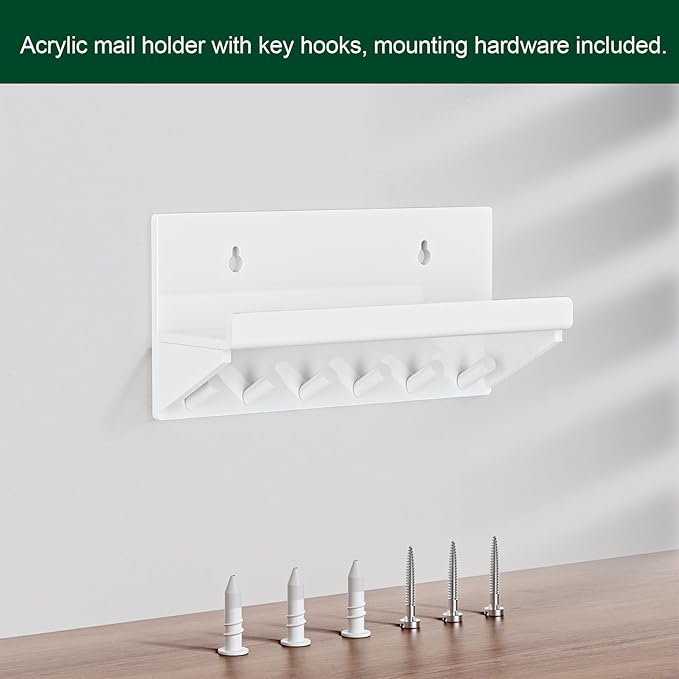 Decorative Acrylic Key Holder - Wall Mount Key Hooks with Shelf, Entryway Key Rack, Mail Organizer, Living Room Decor (White)
