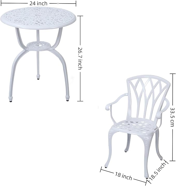 3-Piece Cast Aluminum Patio Bistro Set, Outdoor Rust-Resistant Furniture with 2 Chairs and Table (White)