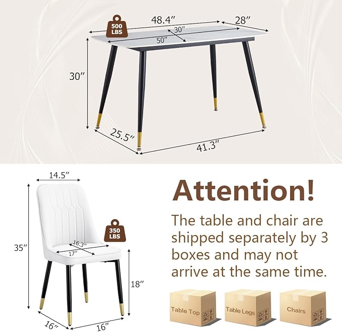 50'' Dining Table Set for 4, Dining Room Sets for 4, Sintered Stone Dining Table Chairs Set of 4, Easy to Assemble，Suitable for Small Spaces
