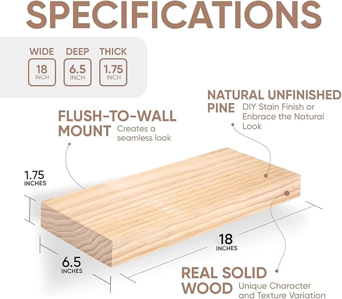 Homeforia 18 inch Wood Floating Shelves, High End Solid Natural Wood 18inch Floating Shelf for Wall Mounted, Unfinished Wooden 18in Floating Shelves, Heavy Duty Bracket, 18 X 6.5 X 1.75 inch, Set of 3
