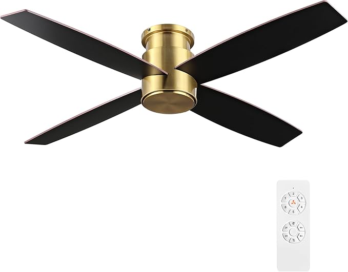 WINGBO 52" Flush Mount DC Ceiling Fan without Lights, 4 Reversible Blades, Ultra Quiet 6-Speed DC Motor, Hugger Low Profile Indoor Ceiling Fan No Lights, Brass Finish