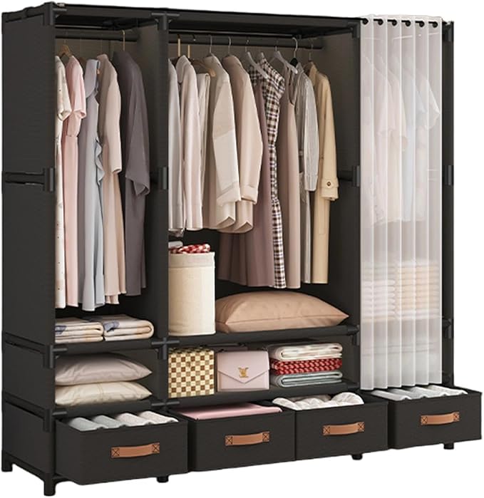 Portable Closet,Portable Closets for Hanging Clothes,Japanese Style Garment Rack Clothing Rack with 4 Drawers,3 Hanging Rods and 6 Storage Shelves,56.2" L x 17.7" W x 65.1" H,Black