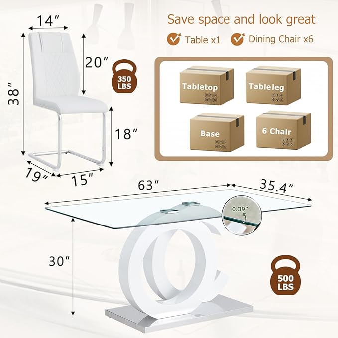 63'' Glass Dining Table Set for 6, Kitchen Table Chairs Set of 6, Clear Glass Dining Table with White unique design Leg and Silver Metal Base, 6 PU Dining Chairs with Metal Legs, Living Room, Kitchen.