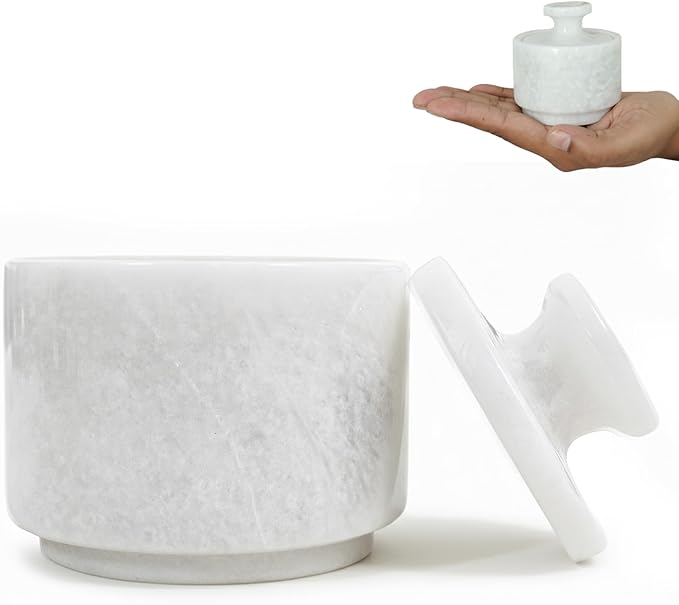 Natural Marble Salt Cellar With Lid - Stone Salt Container And Stone Salt Holder, Spice Jars For Counter, Candy Jar & Spice Jar, White
