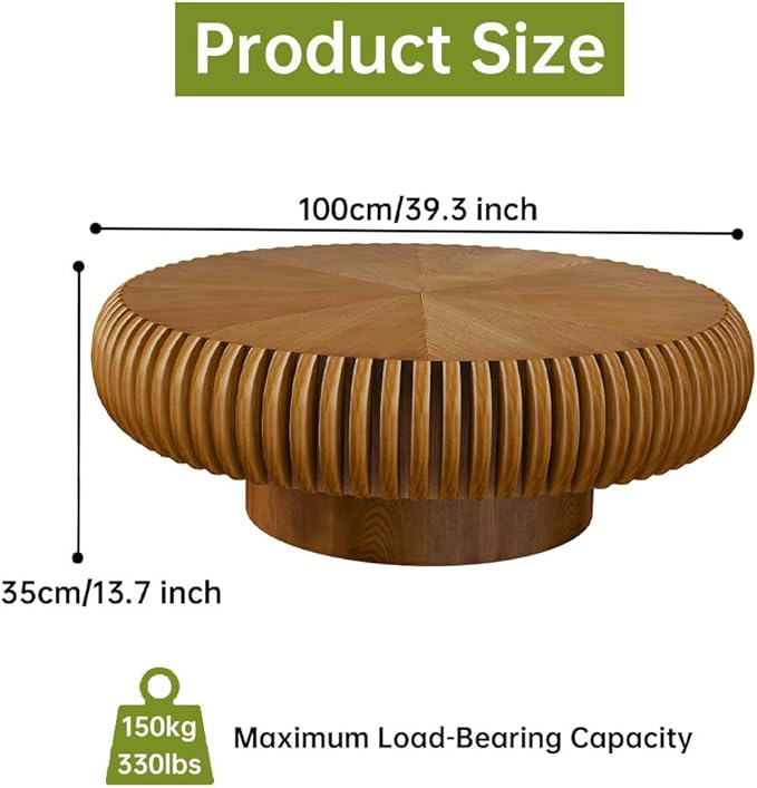 Brown Round Coffee Table for Living Room Round Fluted Drum Coffee Table Modern Fluted Coffee Tables for Living Room (Brown, 39.3 inch)