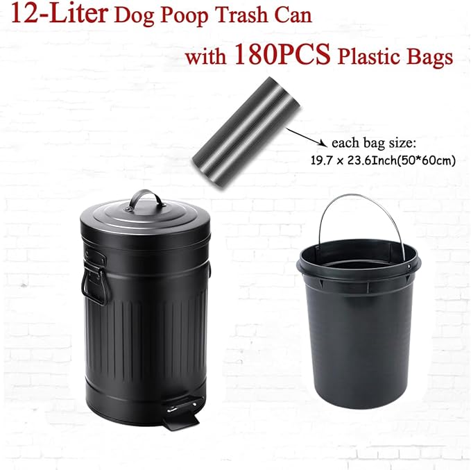 Dog Poop Trash Can with Lid for Outdoors，12-Liter Trash Can with 180PCS Black Plastic Bags, Pet Waste Container，Black-Y+180BK