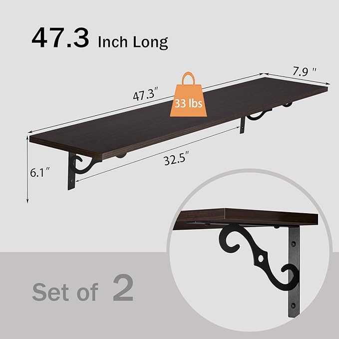 DINZI LVJ Long Wall Shelves, 47.3" Large Floating Shelves Set of 2, Farmhouse Display Shelf Wall Mounted with Heavy Duty Brackets, Easy Assembly for Kitchen, Bathroom, Bedroom, Balcony, Espresso