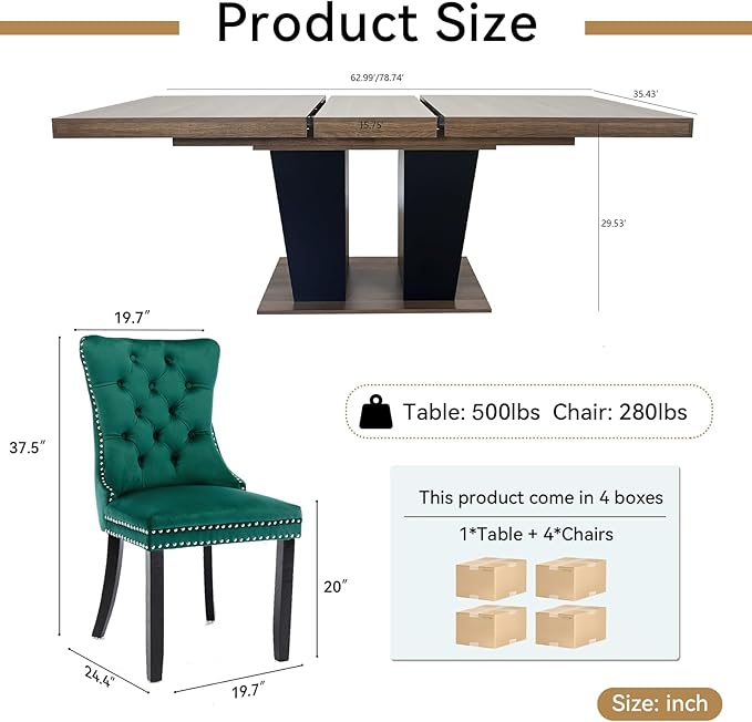 Goujxcy 5-Piece Extendable Dining Table Set for 4-8 People 63-78 Inch Kitchen Table Set with 4 Velvet Upholstered Chairs Farmhouse Rectangular Dining Room Table Set for Kitchen Dining Room Apartment