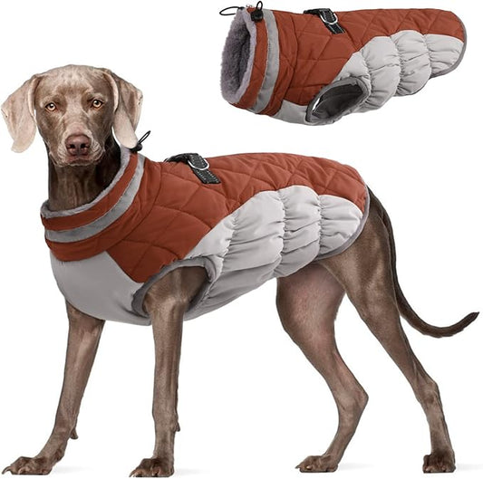 FUAMEY Dog Coat for Large Dogs,Waterproof Dog Winter Jacket with Harness Built in Puppy Cold Weather Coats Reflective Pet Vest with Zipper Warm Fleece Dogs Snowsuit Windproof Brown L