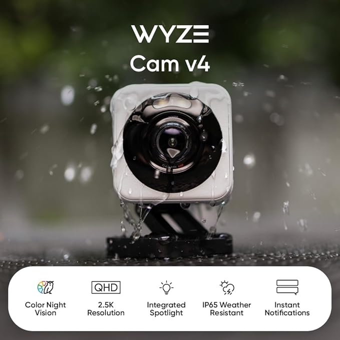 WYZE Cam v4 (Latest Model), 2.5K AI Security Camera, Indoor/Outdoor Cameras for Home Security, Baby Monitor & Pet Camera, Vibrant Color Night Vision, No Subscription Required, Free Expert Help