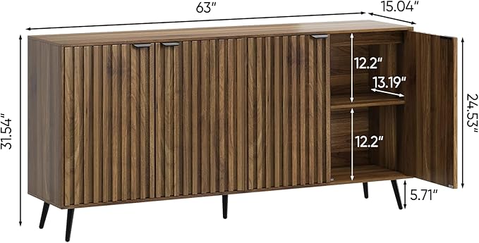 Smuxee 63" Fluted Sideboard Cabinet, Freestanding Walnut Buffet Cabinet with Adjustable Shelf, Wood Storage Cabinet for Living Room, Entryway, Hallway