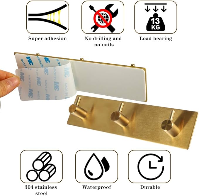 Picowe Key Holder for Wall Decorative, Adhesive Stainless Steel Key Hooks, Key Hanger Key Organizer for Wall, Towel Hook Coat Hanger for Entryway Hallway Kitchen(Three Rows,Golden 1PCS)