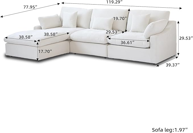 WJShome 120" Cloud Couch Sectional for Living Room, L Shape Down Filled Modular Sectional Sofa,Convertible Couch with Ottoman, Sofa Covers Washable&Replaceable,White