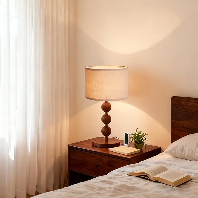 Bedside Nightstand Table Lamp for Bedroom Red Wood Pattern Iron Lamp with Fabric Shade, Mid Century Modern Farmhouse Table Lamp Desk Lamp for Living Room Home Office with LED E26 Bulb